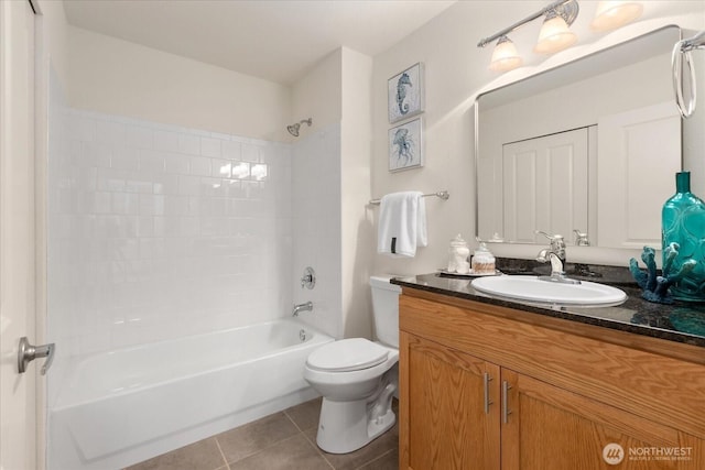 full bathroom with shower / bathtub combination, vanity, toilet, and tile patterned floors