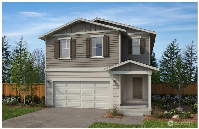 view of front facade with board and batten siding, concrete driveway, fence, and an attached garage