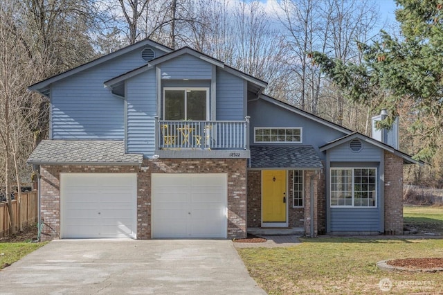 view of front of property featuring brick siding, concrete driveway, an attached garage, a balcony, and a front lawn