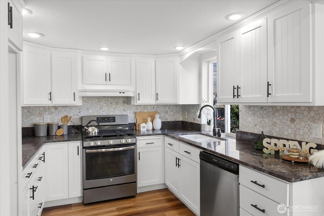 kitchen featuring stainless steel appliances, white cabinetry, a sink, and under cabinet range hood