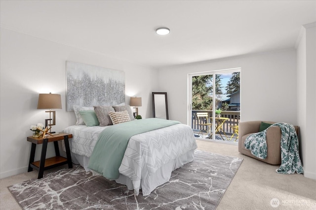 bedroom featuring carpet floors, access to outside, and baseboards