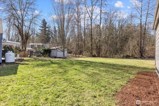 view of yard with a storage unit, an outdoor structure, and fence