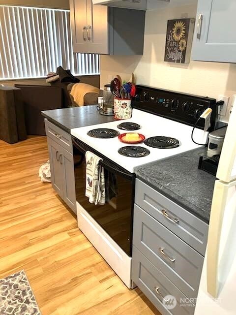 kitchen featuring light wood-type flooring, extractor fan, electric range, and gray cabinets