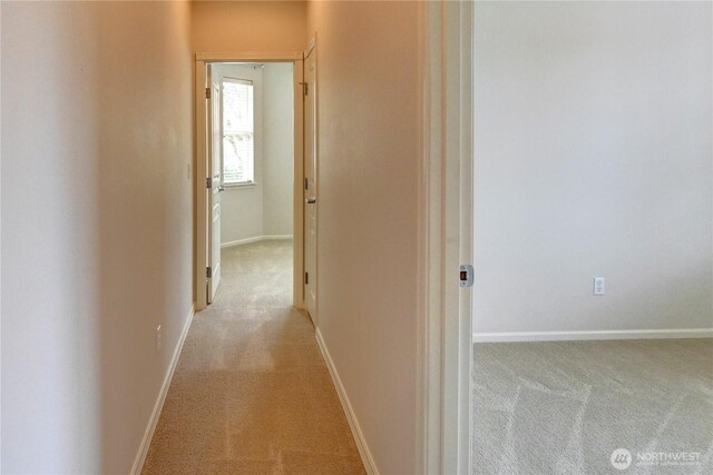 corridor with light colored carpet and baseboards