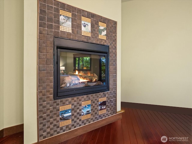 room details featuring a multi sided fireplace, baseboards, and wood finished floors