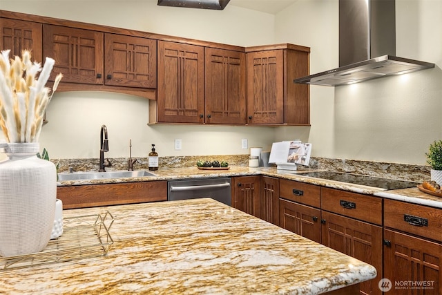 kitchen featuring light stone counters, black electric stovetop, a sink, dishwasher, and wall chimney exhaust hood