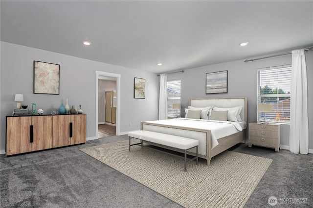 bedroom featuring baseboards, dark carpet, and recessed lighting