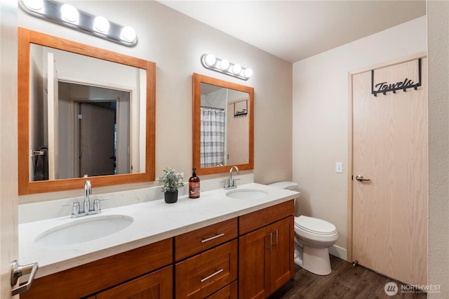 bathroom with a sink, toilet, wood finished floors, and double vanity