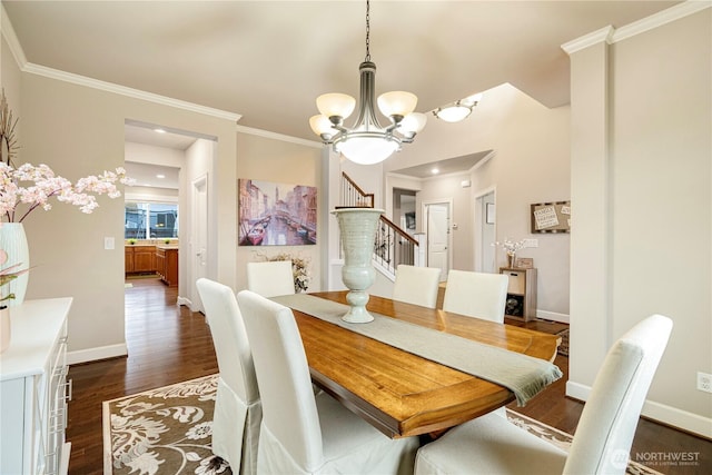 dining area featuring dark wood-type flooring, stairway, ornamental molding, and a chandelier