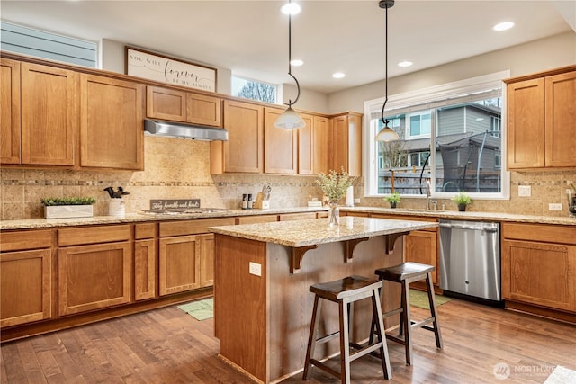 kitchen with a kitchen bar, under cabinet range hood, a healthy amount of sunlight, and appliances with stainless steel finishes