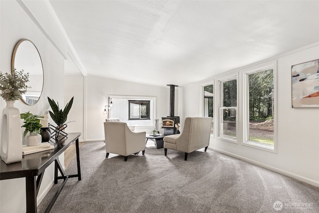 living area with baseboards, carpet floors, a wood stove, and crown molding