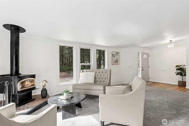 living room with a wood stove, baseboards, and wood finished floors