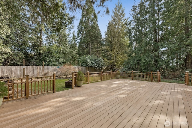 wooden terrace featuring a fenced backyard