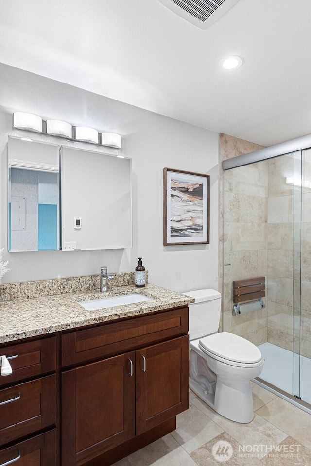 full bathroom with visible vents, toilet, tile patterned flooring, vanity, and a shower stall