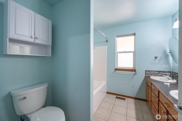 full bathroom featuring visible vents, toilet, a sink, tile patterned flooring, and baseboards