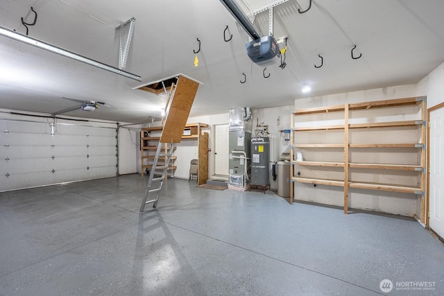 garage featuring heating unit, electric water heater, and a garage door opener