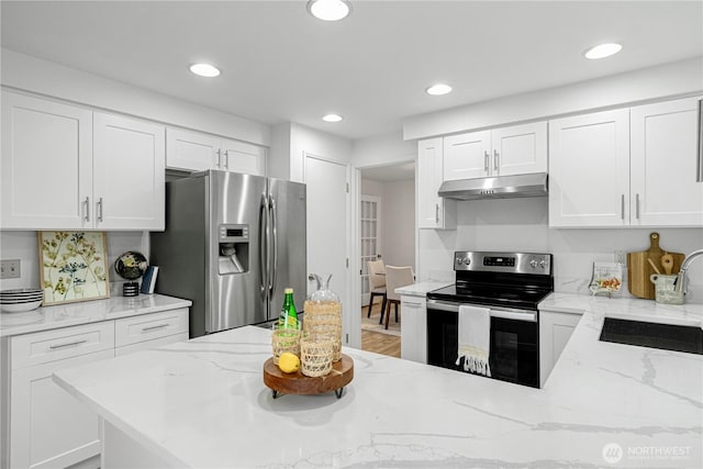 kitchen featuring appliances with stainless steel finishes, a sink, under cabinet range hood, and light stone counters