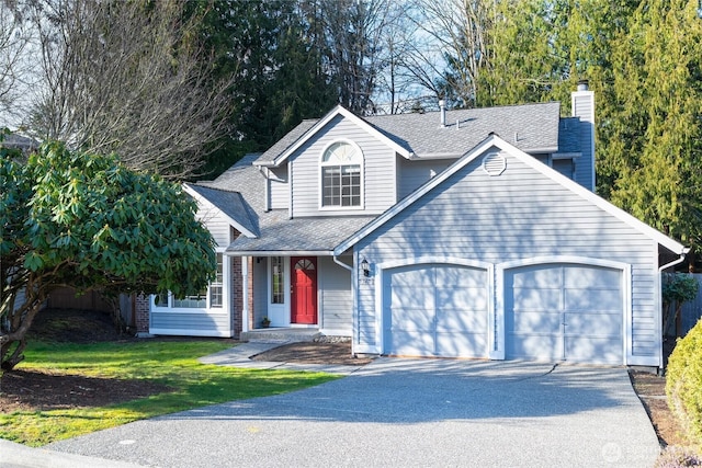 view of front of house featuring driveway, a shingled roof, a garage, and a front lawn