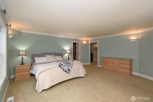 bedroom featuring crown molding, light carpet, and visible vents