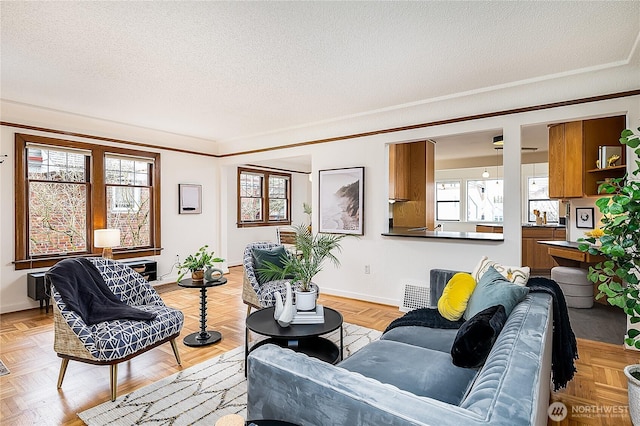 living area featuring baseboards and a textured ceiling