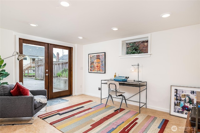 office space featuring recessed lighting, french doors, and baseboards