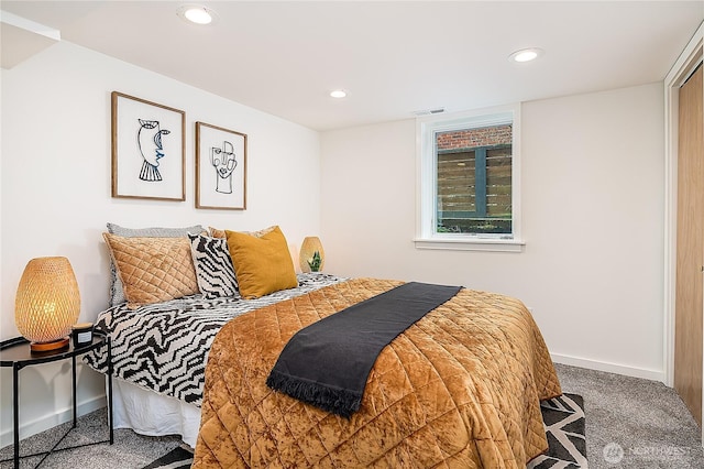 carpeted bedroom with visible vents, recessed lighting, and baseboards