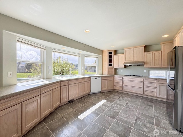 602 Mccomb Rd, Sequim, WA 98382 - kitchen with dishwasher, a sink, freestanding refrigerator, light brown cabinetry, and under cabinet range hood