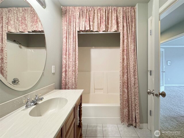 602 Mccomb Rd, Sequim, WA 98382 - bathroom with tile patterned floors, shower / tub combo, and vanity