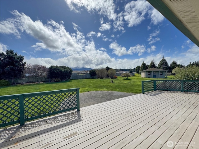 602 Mccomb Rd, Sequim, WA 98382 - wooden deck with an outbuilding, a fenced backyard, and a yard