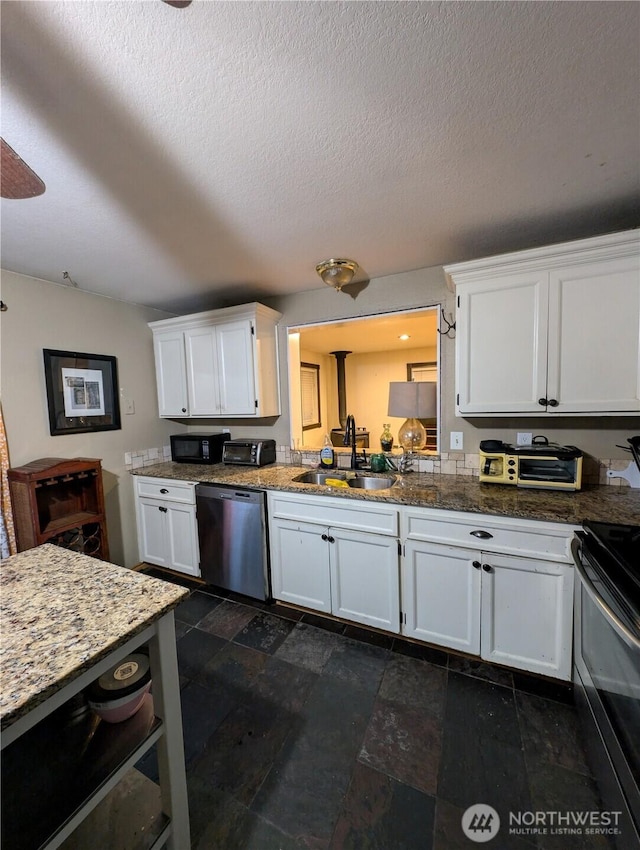 kitchen featuring a sink, white cabinetry, dishwasher, and range with electric stovetop