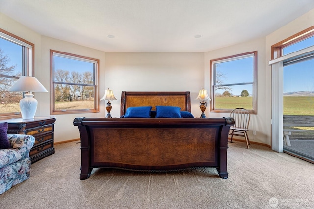 bedroom featuring baseboards, carpet floors, and access to exterior