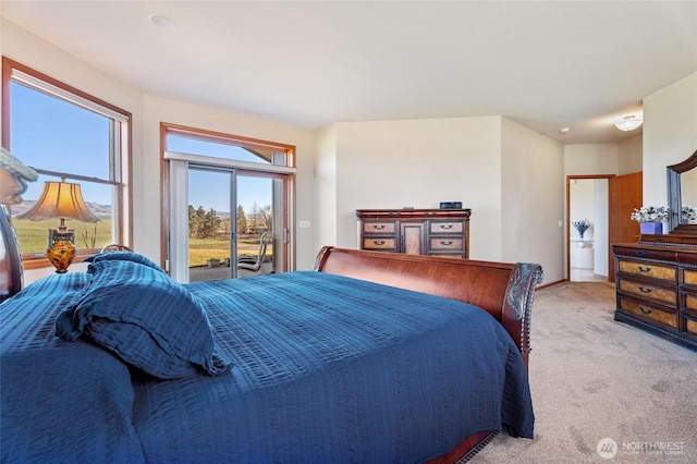 bedroom with light colored carpet and access to exterior