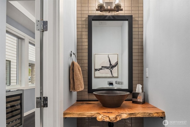 bathroom with beverage cooler