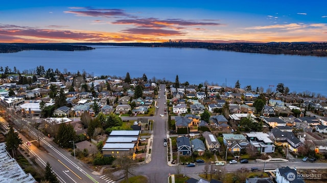 drone / aerial view with a water view and a residential view