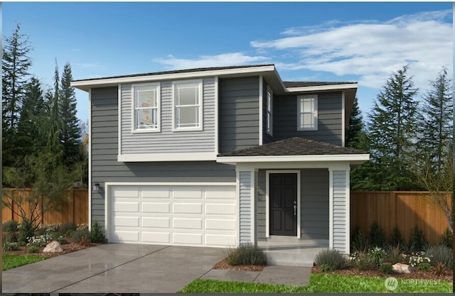 view of front facade featuring driveway, an attached garage, and fence