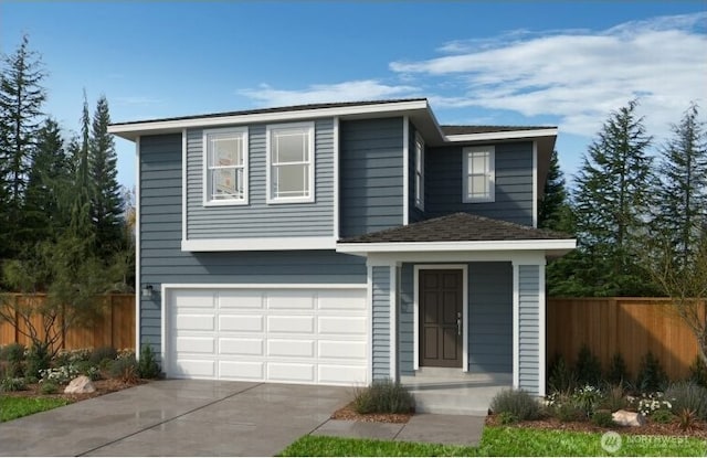 view of front of house with a garage, fence, and concrete driveway