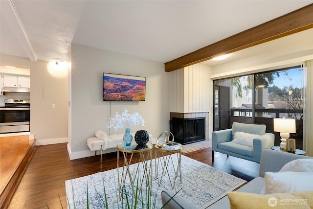 living room featuring a large fireplace, baseboards, dark wood-style flooring, and beamed ceiling