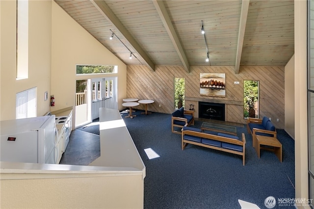 living area with beamed ceiling, wood walls, carpet, and a fireplace