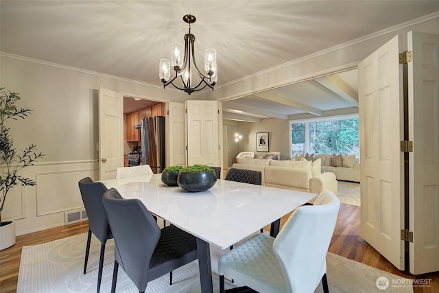 dining area with a wainscoted wall, crown molding, visible vents, wood finished floors, and beamed ceiling