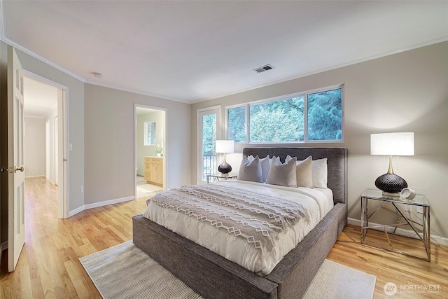 bedroom with crown molding, visible vents, connected bathroom, light wood-type flooring, and baseboards