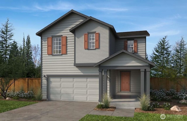 traditional-style home featuring a garage, driveway, a porch, and fence