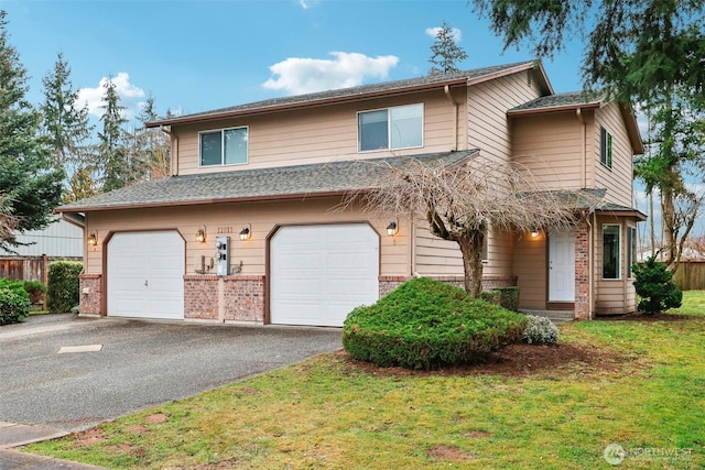 view of front of home featuring a garage, brick siding, driveway, and fence