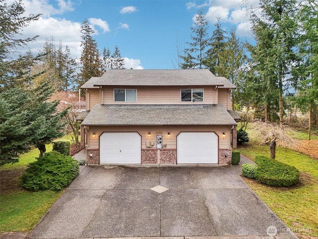 view of front of property with a garage, driveway, brick siding, and a shingled roof