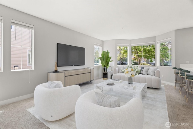 living room featuring baseboards and light carpet