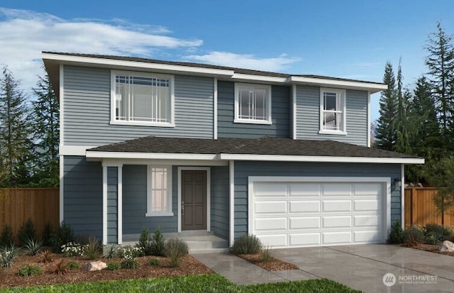 traditional-style home with driveway, an attached garage, and fence