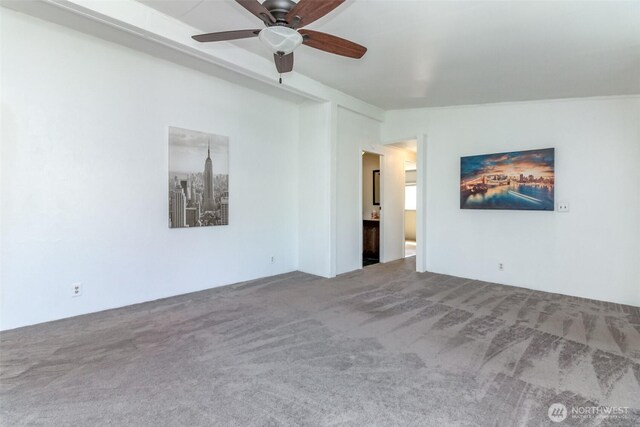 carpeted spare room with a ceiling fan
