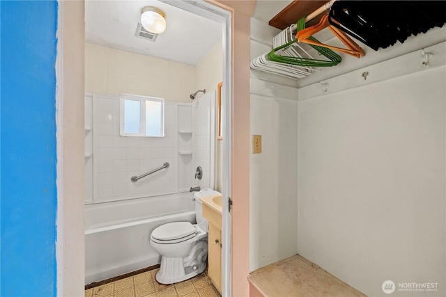 full bathroom featuring visible vents, shower / washtub combination, and toilet