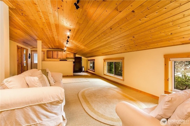 living room with light carpet, wood ceiling, baseboards, and vaulted ceiling