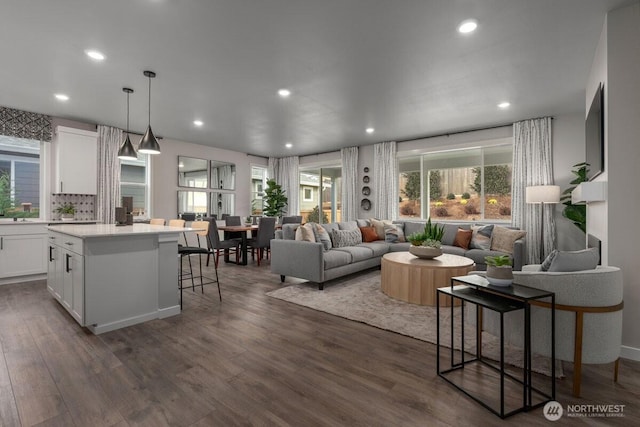 living area featuring recessed lighting and dark wood finished floors