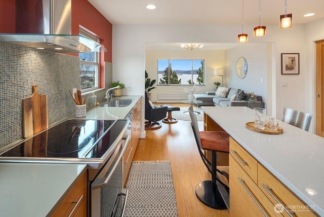 kitchen featuring light wood finished floors, tasteful backsplash, wall chimney exhaust hood, decorative light fixtures, and a sink